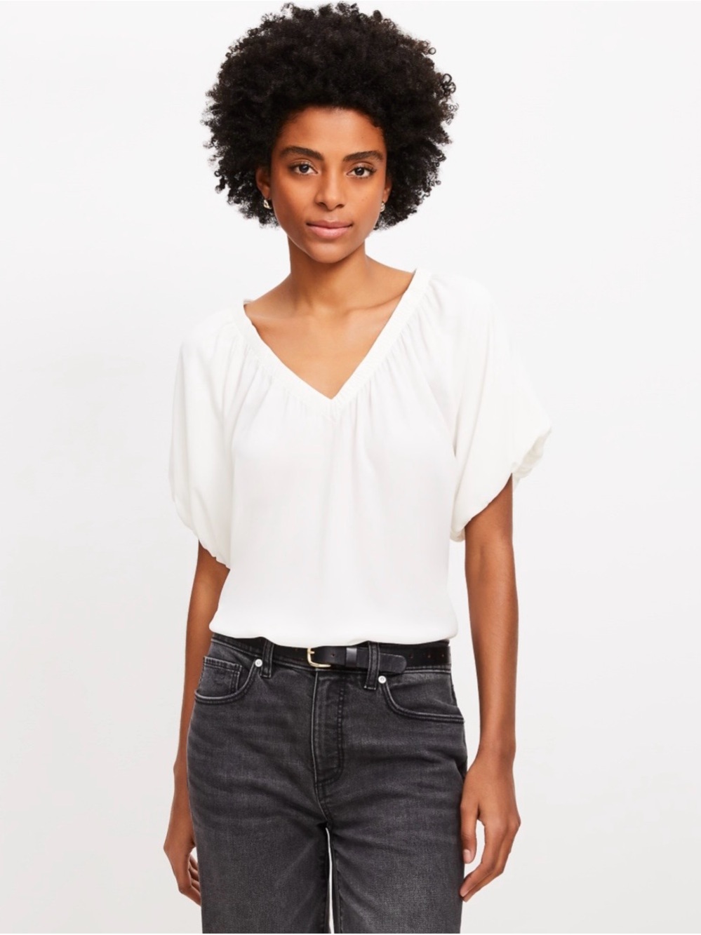 LOFT Mixed Media White V-Neck Sleeve Blouse